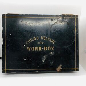 Antique Early 20th Century Black Tin metal box with Child's Welfare Work-Box